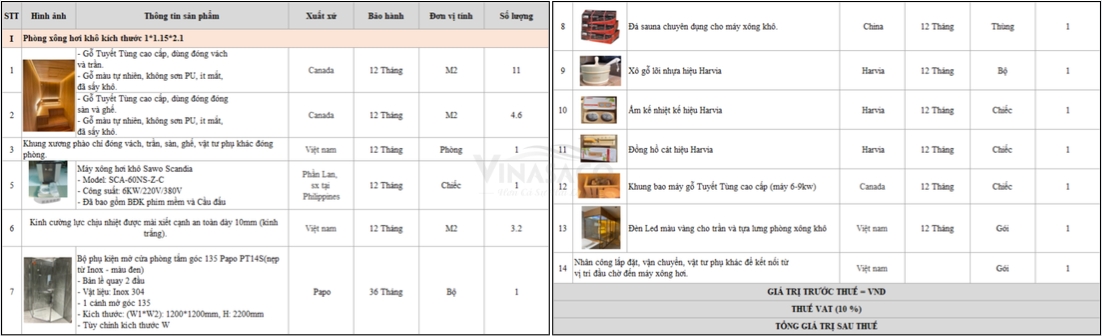 Báo giá thi công phòng xông hơi Vinasaco