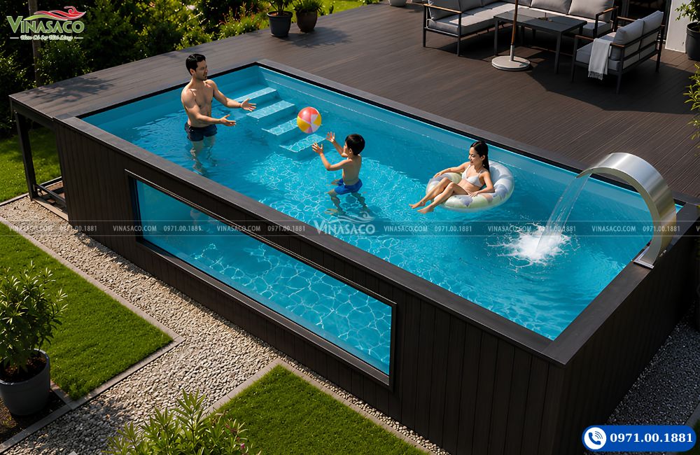 Bể bơi Composite gia đình kết hợp kính cường lực
