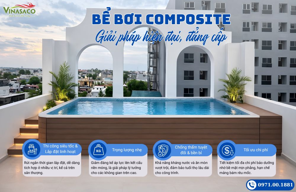 thi công bể bơi Composite hiện đại lắp đặt trên sân thượng