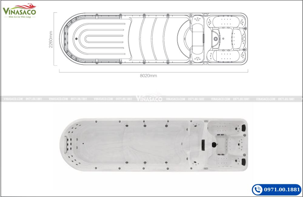 Bản vẽ kích thước Bể bơi thông minh Jacuzzi WS-S08M dài 8,02 mét