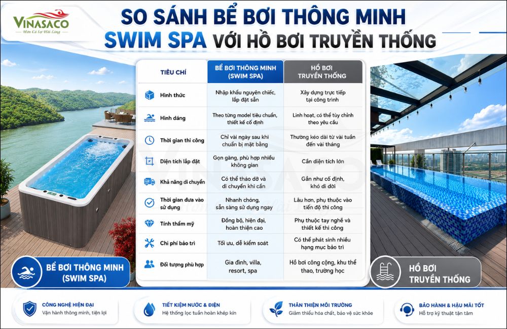 So sánh bể bơi thông minh Swim Spa với hồ bơi xây dựng truyền thống