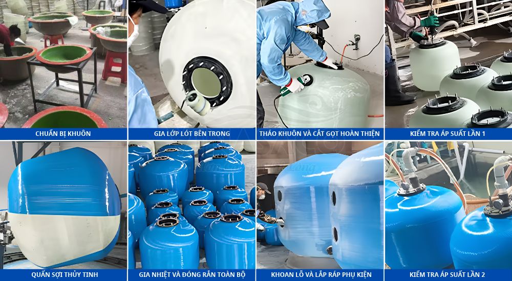 ác công đoạn tạo thân, quấn sợi, hoàn thiện và kiểm tra bình lọc