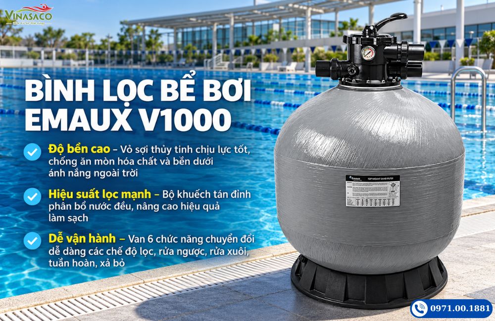 Bình lọc bể bơi Emaux V1000 với thân composite và van điều khiển trên đỉnh