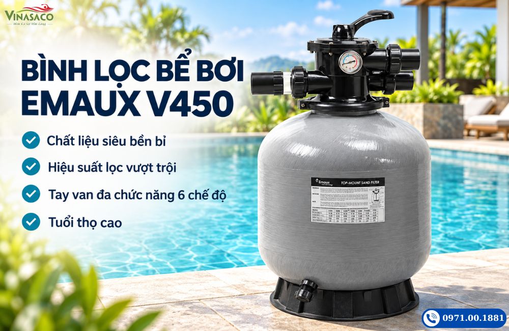 Bình lọc bể bơi Emaux V450 với van đỉnh và đồng hồ áp suất