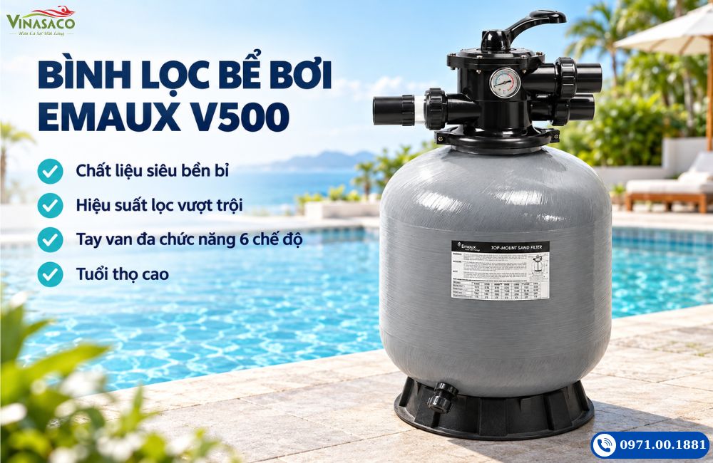 Bình lọc bể bơi Emaux V500 với thân composite, van đỉnh và đồng hồ áp suất