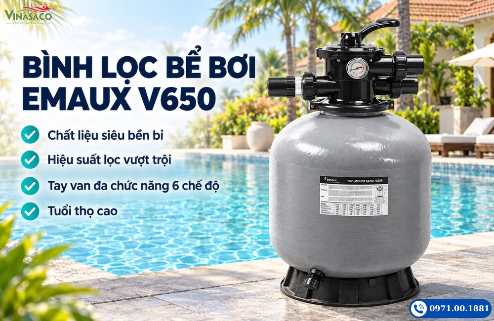 Bình lọc bể bơi Emaux V650 với van điều khiển trên đỉnh và thân composite