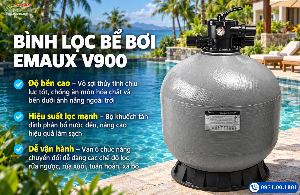 Bình lọc bể bơi Emaux V900 với thân composite và van điều khiển trên đỉnh