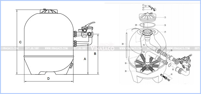 Bản vẽ cấu tạo của bình lọc bể bơi (hồ bơi) Kripsol BL