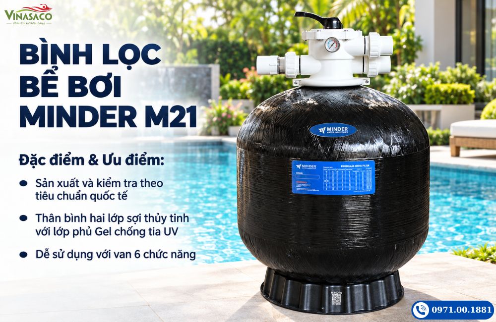 Bình lọc bể bơi Minder M21 thân sợi thủy tinh màu đen với van đỉnh