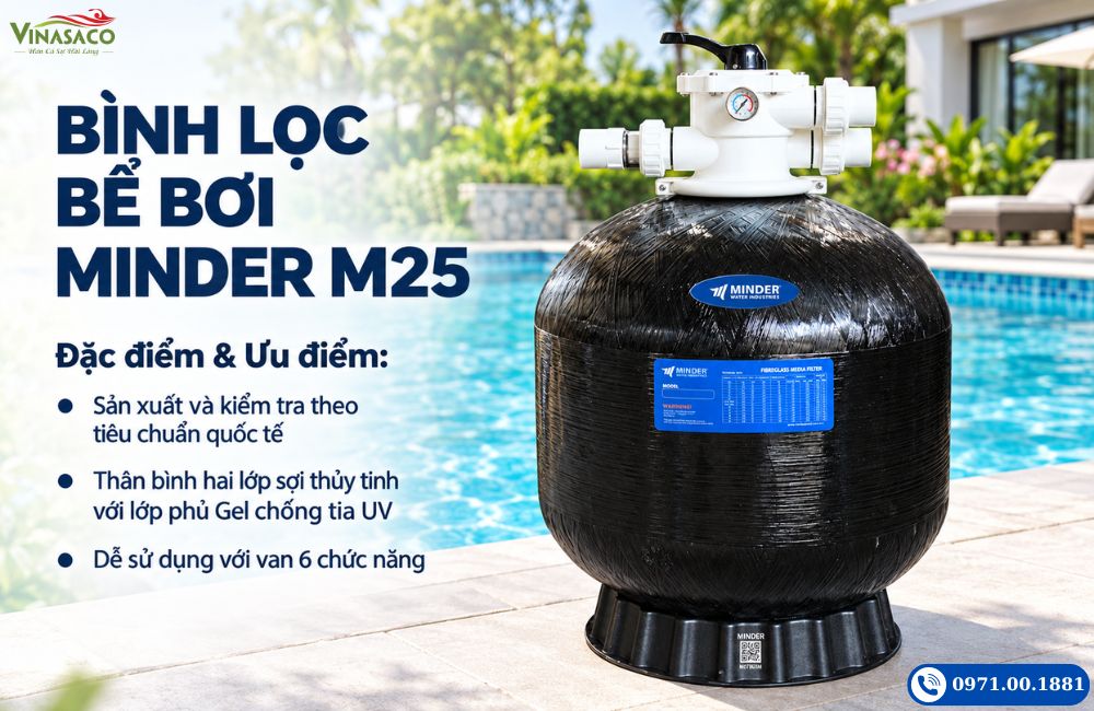 Bình lọc bể bơi Minder M25 thân sợi thủy tinh màu đen với van đỉnh
