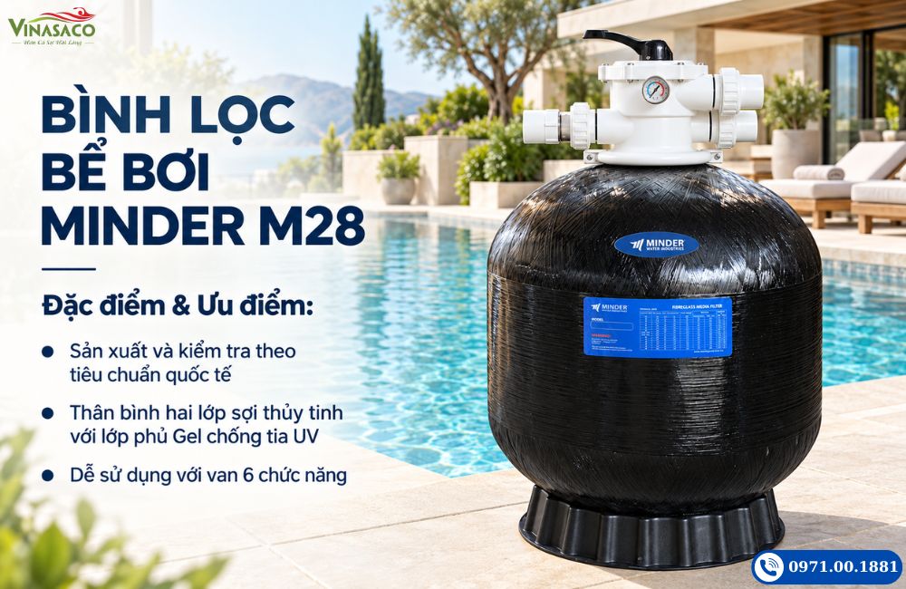 Bình lọc bể bơi Minder M28 thân sợi thủy tinh màu đen với van đỉnh
