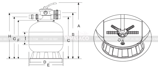 Hình mô phỏng các kích thước của bình lọc Minder