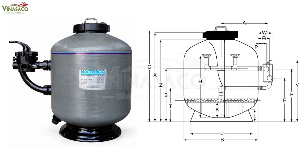 bản vẽ kích thước bình lọc van ngang Waterco SM