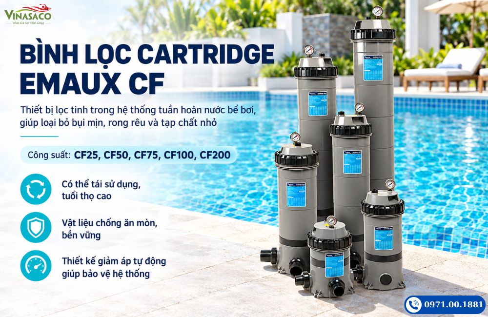 Các bình lọc Cartridge Emaux CF với thân trụ, nắp khóa vòng và đồng hồ áp suất