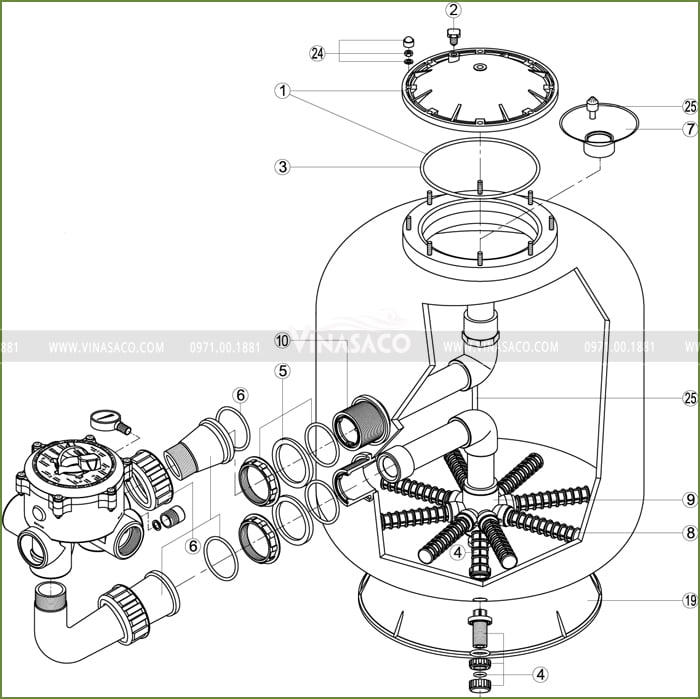 Cấu tạo bình lọc bể bơi AK van ngang