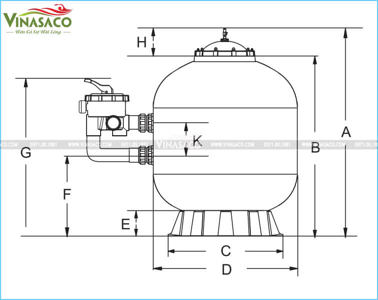 Bản vẽ cấu tạo sơ bộ của bình lọc cát bể bơi (hồ bơi) Minder MS