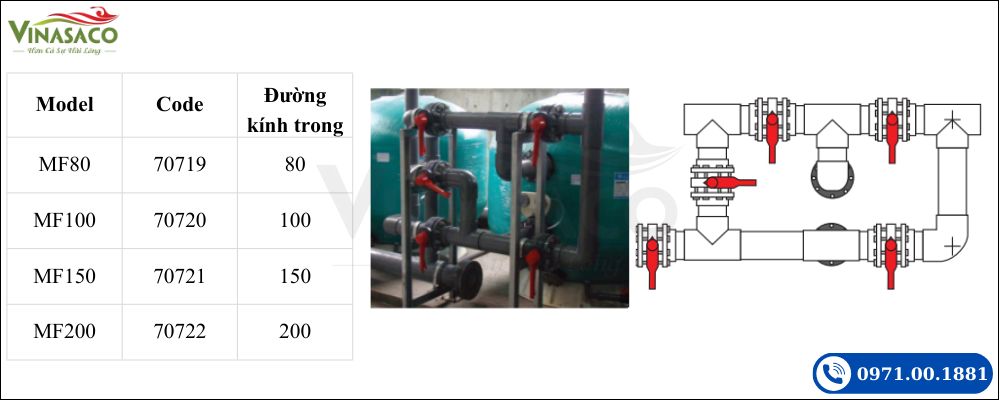 Cụm ống góp van vận hành cho bình lọc bể bơi Minder F Series