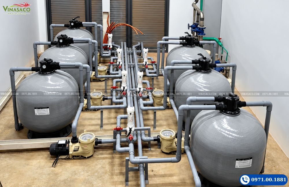 Các cụm máy bơm và bình lọc Emaux bố trí thành hai dãy trong phòng máy