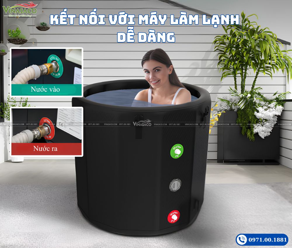 Cổng nước vào và nước ra của bồn ngâm lạnh Coasts WHT-IFB kết nối máy làm lạnh.