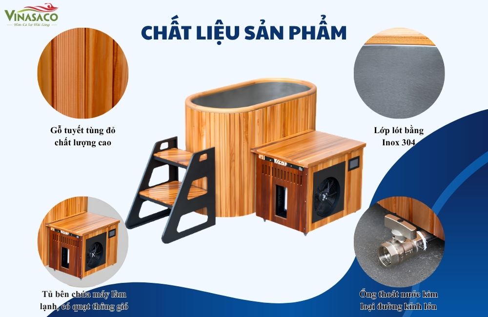 hất liệu gỗ tuyết tùng và inox 304 bồn ngâm lạnh WSC-TYG14