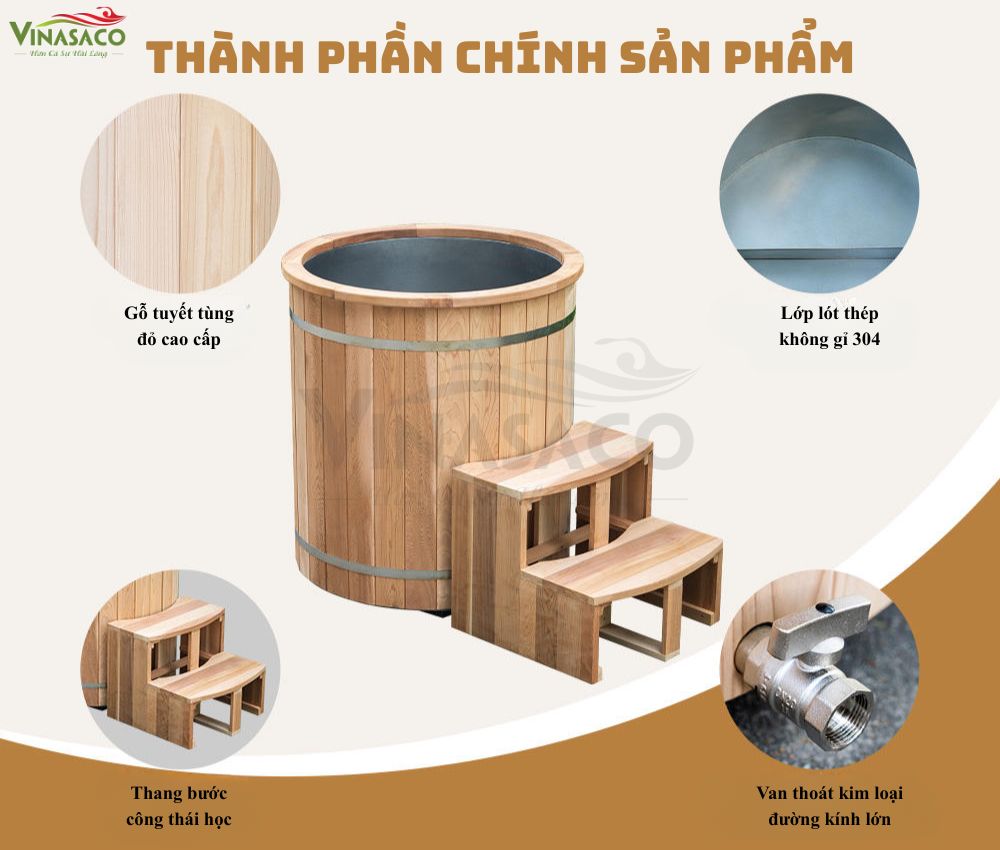 Cấu tạo bồn ngâm lạnh Coasts WHT-S-810-RS bằng gỗ Tuyết Tùng đỏ và thép không gỉ 304