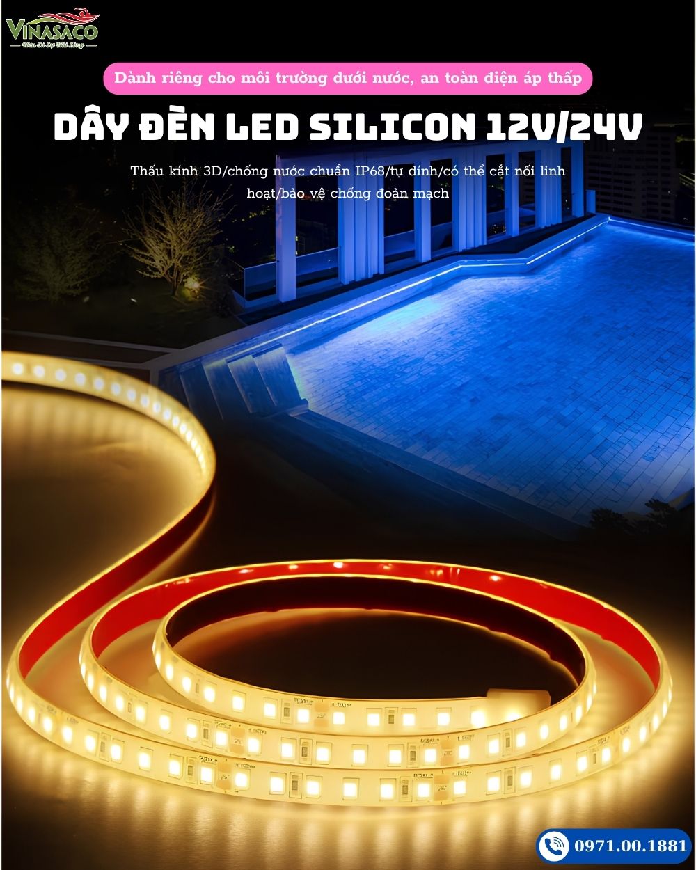 Dây đèn LED bể bơi DD01 chống nước IP68 chính hãng