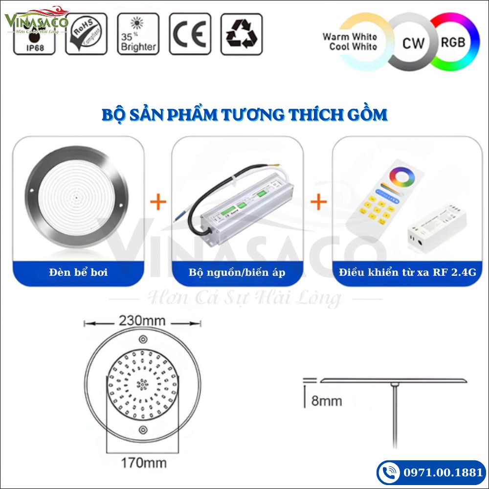 Kích thước đèn LED bể bơi UT230-SP