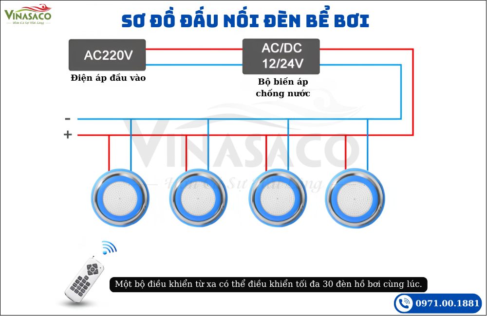 Sơ đồ đấu nối đèn LED treo thành bể bơi YC230-SP