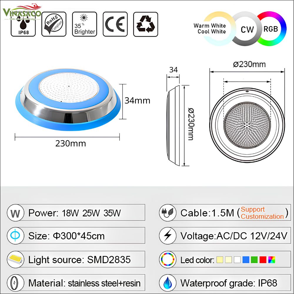 Kích thước đèn LED treo thành bể bơi YC230-SP