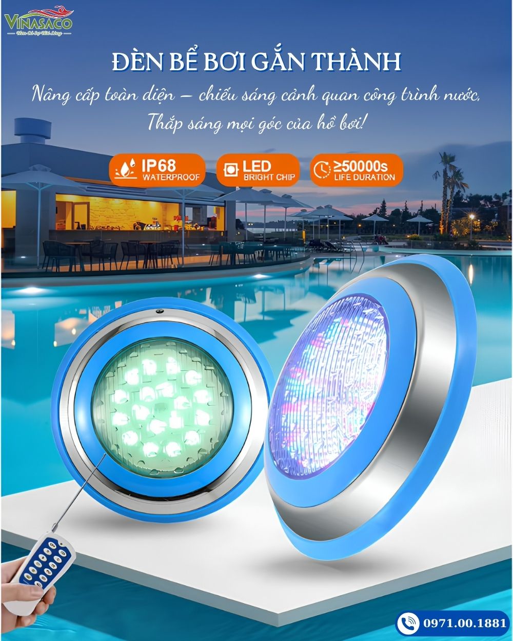 Đèn LED treo thành bể bơi JKD-YC230-SS chống nước IP68