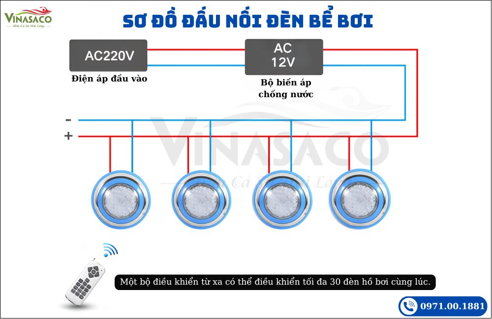 Sơ đồ đấu nối đèn LED treo thành bể bơi YC230-SS