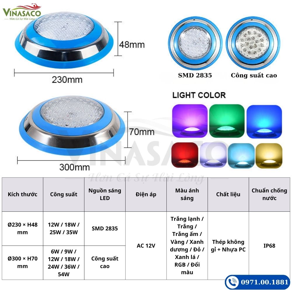 Kích thước và công suất đèn LED treo thành bể bơi JKD-YC230-SS