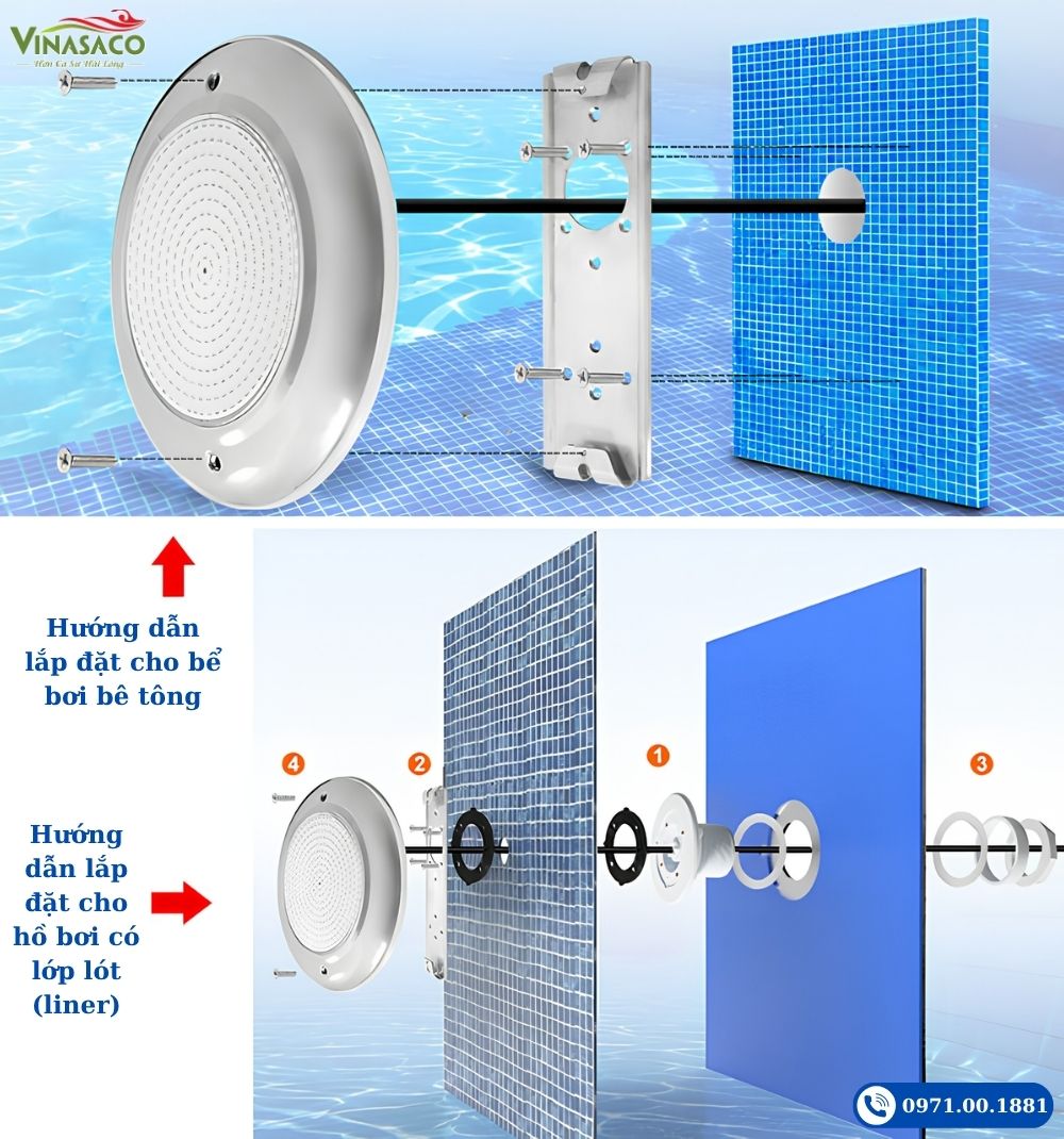 Hướng dẫn lắp đặt đèn YC260-3SP cho bể bê tông và bể liner