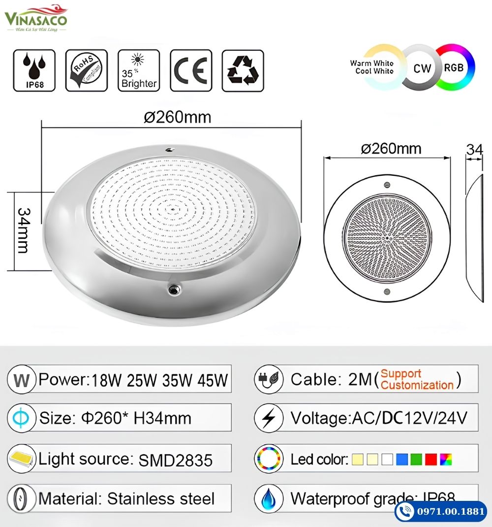 Kích thước đèn LED treo thành bể bơi YC260-3SP