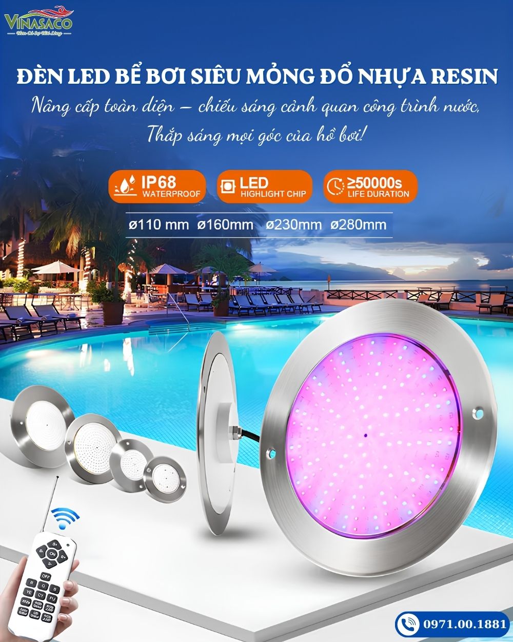Đèn LED treo thành bể bơi siêu mỏng UT230-2SP bằng thép không gỉ 316L
