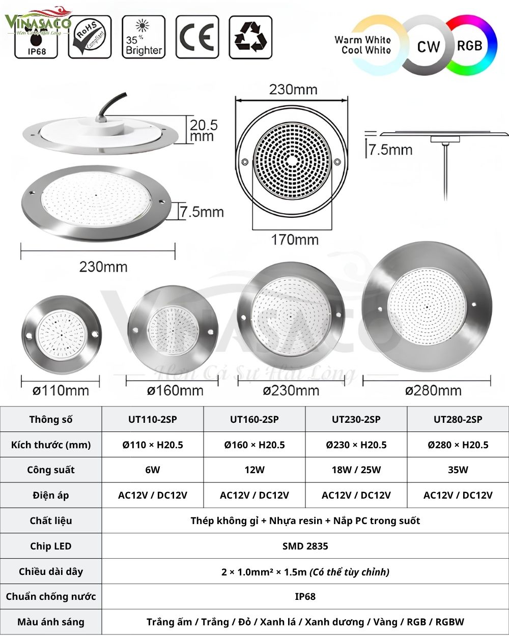 Kích thước đèn LED treo thành bể bơi siêu mỏng UT230-2SP