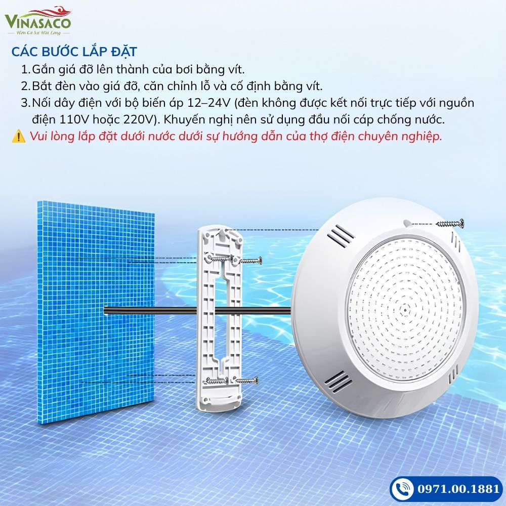 Hướng dẫn lắp đặt đèn LED treo thành bể bơi YC260-2AP