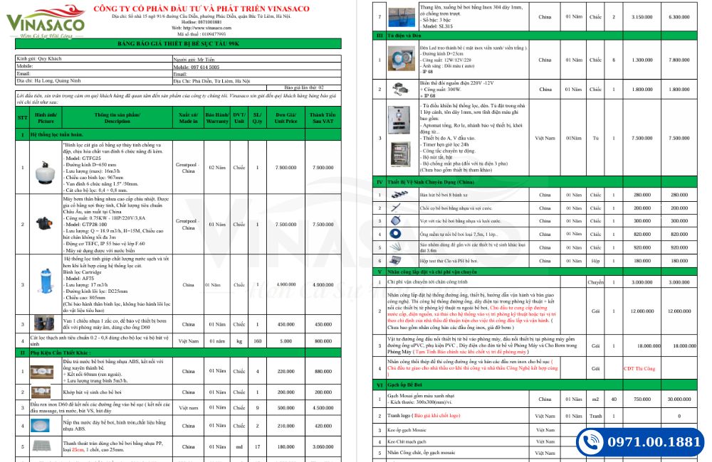 báo giá thiết bị bể bơi du thuyền