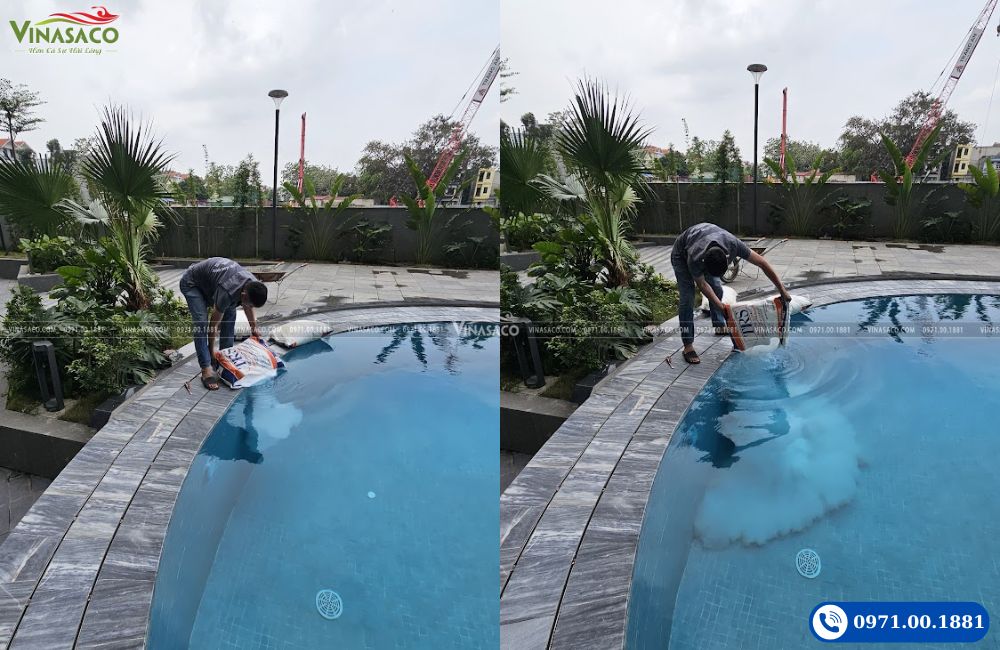 đổ muối xử lý nước bể bơi điện phân muối Green Peninsula