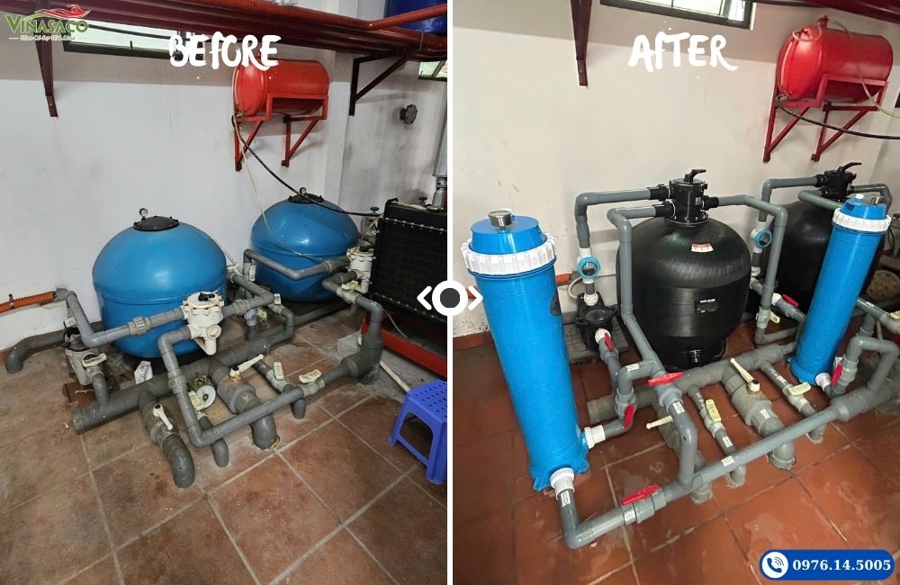 Cải tạo thay mới bình lọc cát, bổ xung bình lọc cartridge, khắc phục mất nước bể bơi