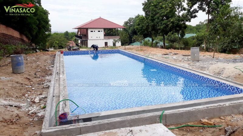 bể bơi chú Thọ vẫn đang trong quá trình thi công, hoàn thiện bể bơi và phối cảnh xung quanh