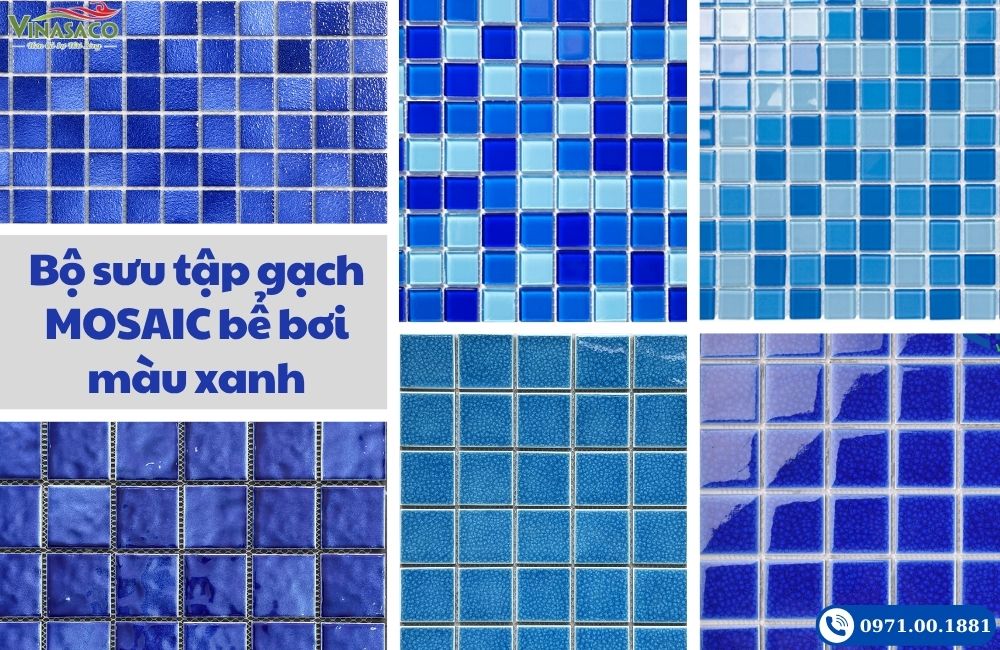 Bộ sưu tập gạch mosaic bể bơi màu xanh, thiết kế đa dạng cho hồ bơi hiện đại.