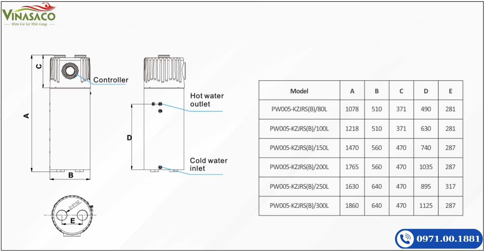 Kích thước sản phẩm máy bơm nhiệt nước nóng Power World R290 All-in-One
