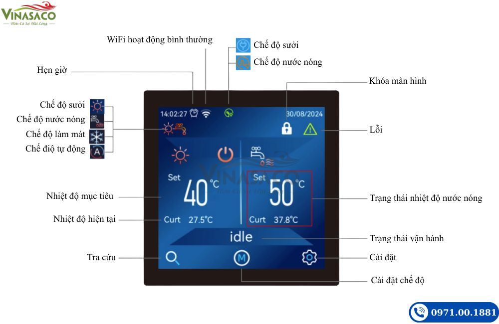 Màn hình điều khiển máy bơm nhiệt nước nóng Power World R290 Commercial Series