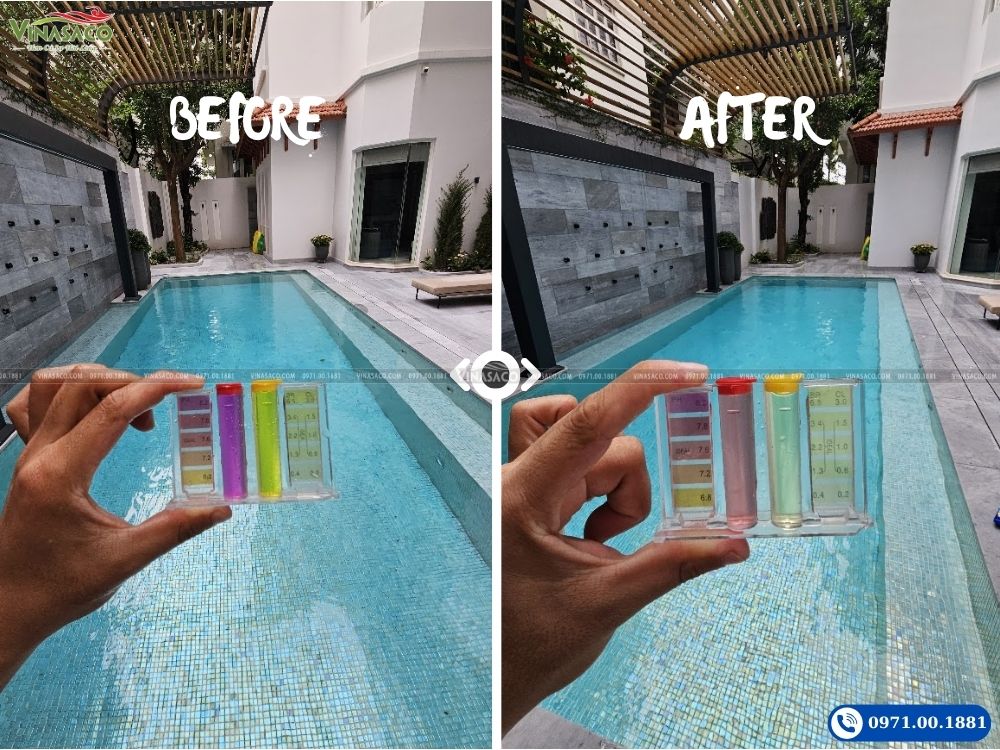 pH nước bể bơi trước và sau khi cân bằng hóa chất