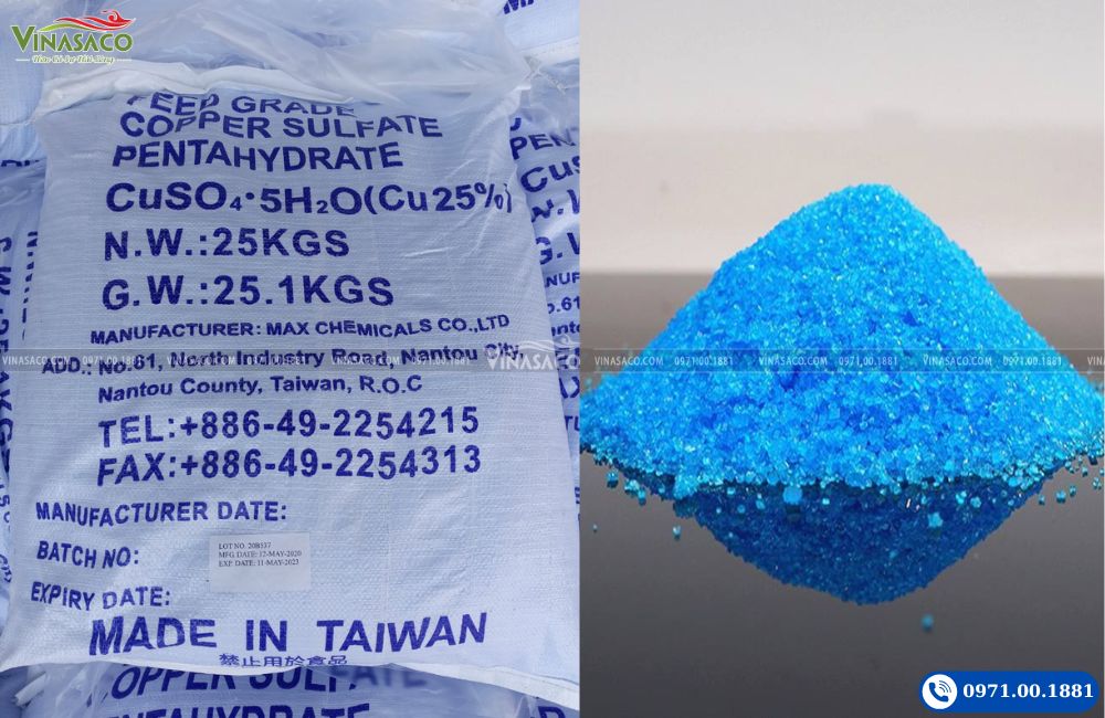 Đồng Sulphate CuSO4.5H2O Đài Loan dạng tinh thể xanh bao 25kg
