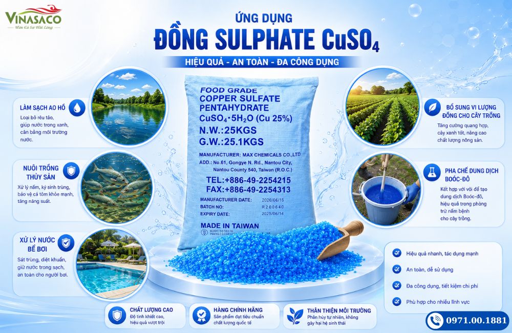 Ứng dụng Đồng Sulphate CuSO4 trong bể bơi ao hồ thủy sản và nông nghiệp
