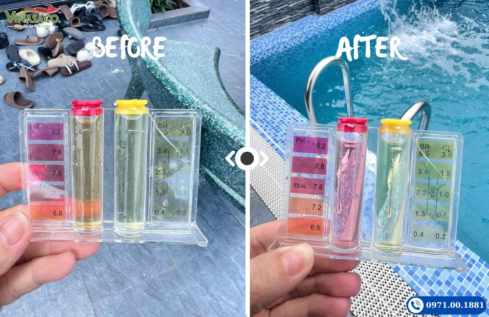 Kiểm tra pH nước bể bơi trước và sau khi sử dụng hóa chất tăng pH
