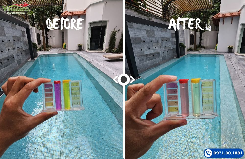 Kiểm tra pH nước bể bơi trước và sau khi sử dụng hóa chất giảm pH