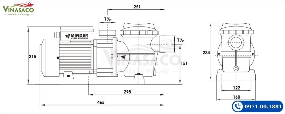 Kích thước máy bơm bể bơi Minder MVP Series